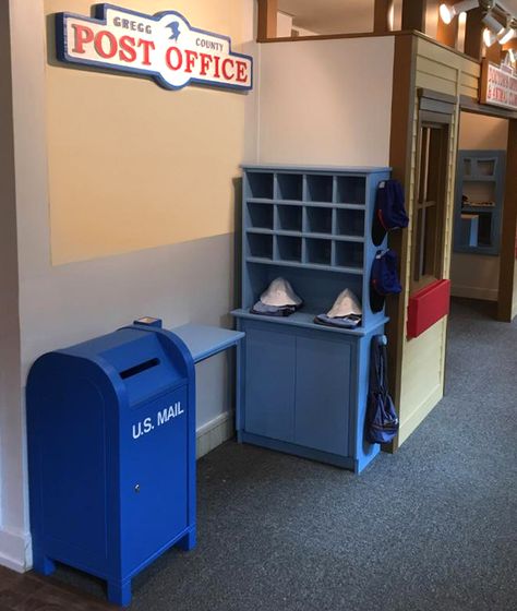 Kid's Post Office Play Area at Gregg County Historical Museum - Longview, Texas Office Play Area, Post Office Sign, Mail Carrier Bag, Post Office Play, Longview Texas, Mail Sorter, Class Theme, Historical Museum, Kids Class