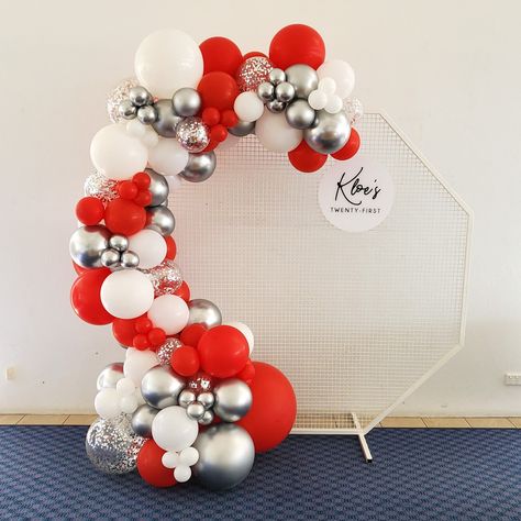 Red And Silver Balloons Decoration, Red White And Silver Balloon Arch, Red White And Silver Balloon Garland, Red White Silver Balloon Garland, Red And Silver Birthday Decorations, Red And White Balloon Arch, Prom Balloons, Balloon Pillars, Christmas Arch