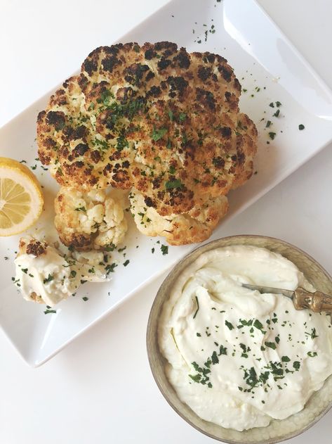 Whole Roasted Cauliflower with Whipped Goat Cheese - There's Always Pizza Whipped Goat Cheese Dip, Charred Cauliflower, Roasted Cauliflower Head, Gorgonzola Recipes, Chevre Cheese, Cauliflower Dip, Oven Roasted Salmon, Goat Cheese Dip, Oven Roasted Cauliflower