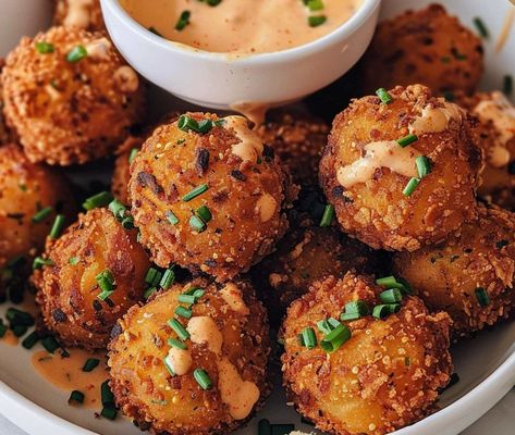 Deep Fried Onion Balls With Cajun Ranch Sauce – Chloe foods Fried Garlic Bread, Cajun Ranch Sauce, Cajun Ranch, Cowboy Baked Beans, Ritz Bits, Shrimp Boil Foil, Caramel Apple Crisp, Ranch Sauce, Mini Chicken Pot Pies