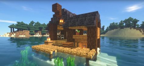 Minecraft Small Simple Fishing Hut Ideas and Design Minecraft Fishing Hut Ideas, Minecraft Fishing Hut, Hut Minecraft, Pretty Minecraft Houses, Minecraft Beach House, Fish Hut, Painting Minecraft, Hut Ideas, Shack House