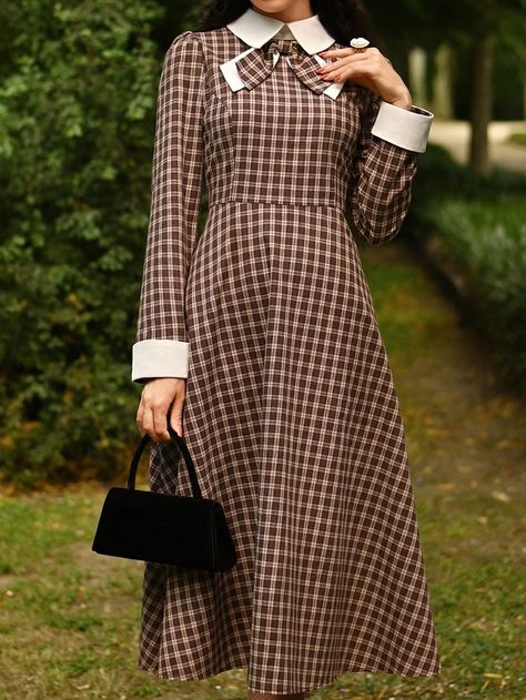 Vintage Style Women's Color Block Collared A-Line Dress, Checkered Pattern Long Sleeve Midi Dress, Coffee Brown Fall Clothes Winter Women Clothes Maroon Teacher Clothes Frenchies Fall Women Clothes Long Sleeves Woman Long Dress Plaid Dress Winter Women Clothes Renaissance Dress Business Casual Women 90s Outfit Homecoming Dresses Vestidos Elegant Midi Women Dresses Renaissance Fair Thanksgiving Dress Business Women Clothes Modest Dress Coffee Brown Elegant  Long Sleeve Woven Fabric Gingham,Plaid Women's 90s Outfits, Women 90s, Dressing Well, Thanksgiving Dress, Teacher Clothes, Dress Business, Stylish Fall Outfits, Business Casual Dresses, Modest Clothing