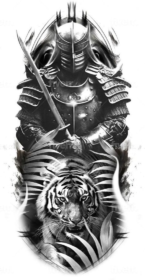 Japanese Warrior Tattoo Design, Tattoo Sleeve Japanese, Black And Gray Tattoo Design, Tattoo Design Japanese, Tato Realis, Japanese Warrior Tattoo, Samurai Warrior Tattoo, Tiger Tattoo Sleeve, Lion Tattoo Sleeves