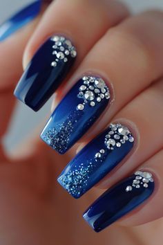 Prom Nails Dark Blue, Royal Blue Nails For Prom, Navy And Silver Nails, Royal Blue Nails Designs, Black Silver Nails, Graduation Nail Designs, Blue Prom Nails, Blue Matte Nails, Blue And Silver Nails