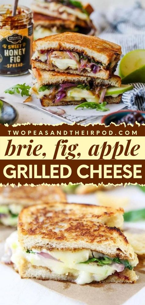 Brie, Fig, and Apple Grilled Cheese are best served with a warm bowl of soup. This comfort food recipe is so tasty and makes a great addition to your favorite Fall food recipes. Pin this! Brie And Fig Jam Grilled Cheese, Apple And Brie Grilled Cheese, Fig Grilled Cheese Sandwich, Apple Panini Recipes, Brie And Fig Grilled Cheese, Fancy Grilled Cheese Brie, Fall Lunch Sandwich, Ham And Apple Grilled Cheese, Turkey Fig Sandwich