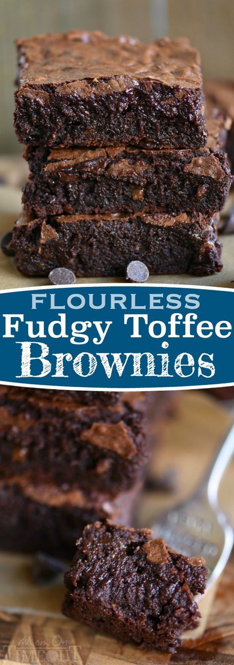 The BEST brownies I've ever had and they just happen to be naturally gluten free! Made without any flour, these Fudgy Toffee Flourless Brownies are naturally gluten free and are going to blow you away! So rich, so fudgy, and absolutely BURSTING with rich, chocolate flavor! A secret ingredient is the key! // Mom On Timeout Toffee Brownies, Best Ever Brownies, The Best Brownies, Flourless Brownies, Toffee Chips, Mom On Timeout, Dessert Sans Gluten, Patisserie Sans Gluten, Brownie Desserts