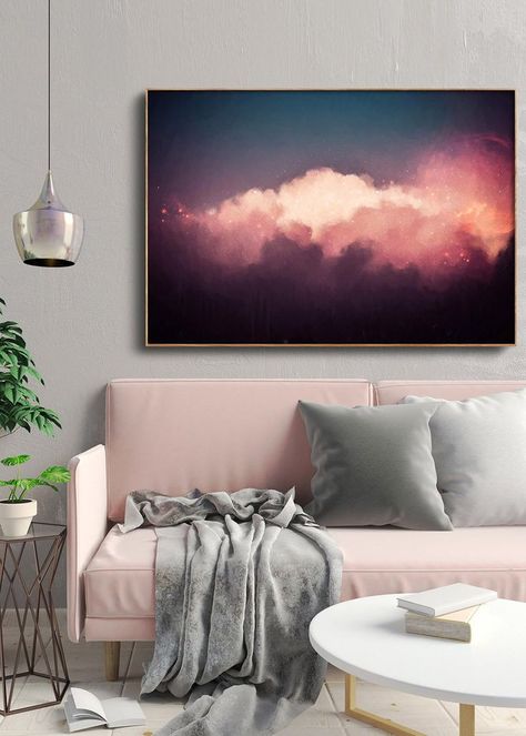 Blue And Pink Living Room, Blush Living Room, Corinne Melanie, Giclee Abstract, Pink Living Room, Grand Art Mural, Cloud Painting, Minimalist Painting, Abstract Canvas Painting