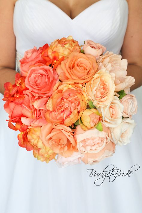 This brides’ bouquet is the perfect option if you have chosen peach as one of the accent colors for your wedding. This arrangement is comprised of a beautiful array of coral, peach and light peach flowers designed with an ombre effect in mind. This arrangement is soft, light, and romantic, perfect for any bride-to-be. Bridal Bouquet Coral, Small Bridesmaid Bouquets, Flower Swag, Peach Bouquet, Peach Wedding Flowers, Beach Wedding Colors, Malibu Wedding, Wedding Colour, Prom Flowers