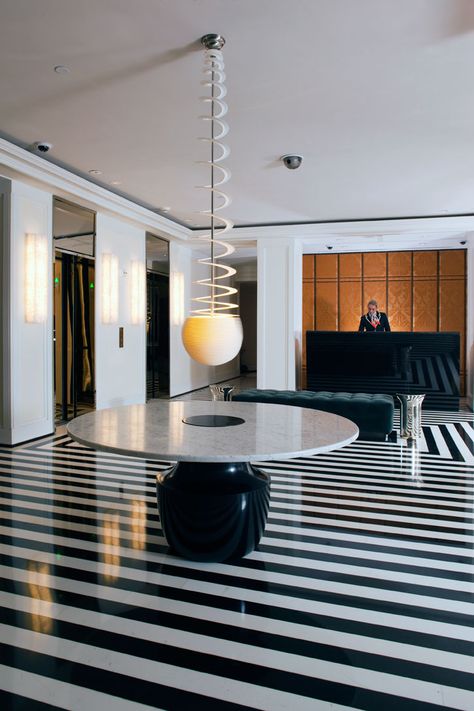 black and white striped floors - Google Search Mark Hotel, Hotel Floor, Lenox Hill, Modern Hotel, Hotel Bar, Floor Patterns, Hotel Design, Hotel Restaurant, Interior Design Projects