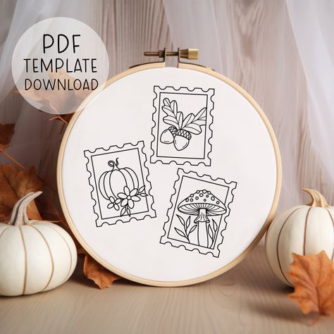 Autumn Stamps Embroidery Pattern Design, Cozy Fall Embroidery Pattern, Acorns Embroidery, Mushrooms Embroidery Pumpkin Embroidery Designs Embroidery Mushrooms, Acorn Embroidery, Mushrooms Embroidery, Embroidery Pumpkin, Embroidery Pattern Design, Autumn Embroidery, Fall Embroidery, Cat Lover Birthday, Pumpkin Embroidery