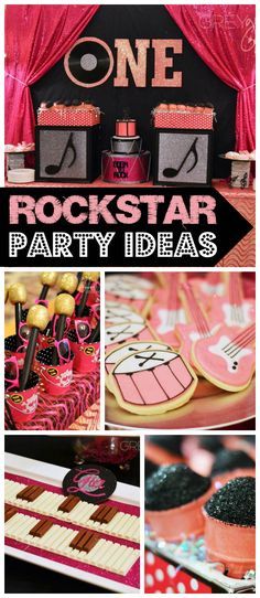 A pink and black rockstar girl birthday party with a candy piano and ice cream microphones! See more party planning ideas at CatchMyParty.com! Rockstar Party Ideas, Star Party Ideas, Music Theme Party, Festa Rock Roll, Rock And Roll Birthday Party, Rockstar Girl, Black Rockstar, Pop Star Party, Rockstar Party