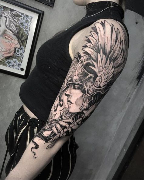 240+ Magnificent Valkyrie Tattoos Ideas and Meaning (2023) - TattoosBoyGirl Hera Tattoo, Valkyrie Tattoos, Athena Tattoo, Female Warrior Tattoo, Tattoo Star, Valkyrie Tattoo, Greek Mythology Tattoos, Marvel Tattoos, Warrior Tattoos