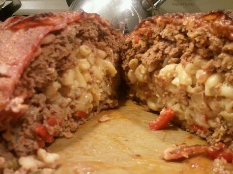 recipes, mac 'n cheese, bacon, meatloaf, Bacon Wrapped Mac And Cheese, Eggs And Bread, Meatloaf Stuffed, Cheese Stuffed Meatloaf, Bacon Wrapped Meatloaf, Smoked Mac And Cheese, Stuffed Meatloaf, Classic Meatloaf, Cheese Wrap