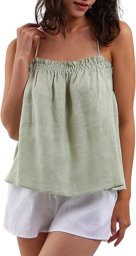 Amazhiyu Women's 100% Linen Summer Self-tie Halter Cami Tops Casual Beach Blouse Green, Small at Amazon Women’s Clothing store Halter Cami Top, Beach Blouse, Linen Summer, Tops Casual, Green Blouse, Luxury Store, Cami Tanks, Amazon Women, Cami Tops