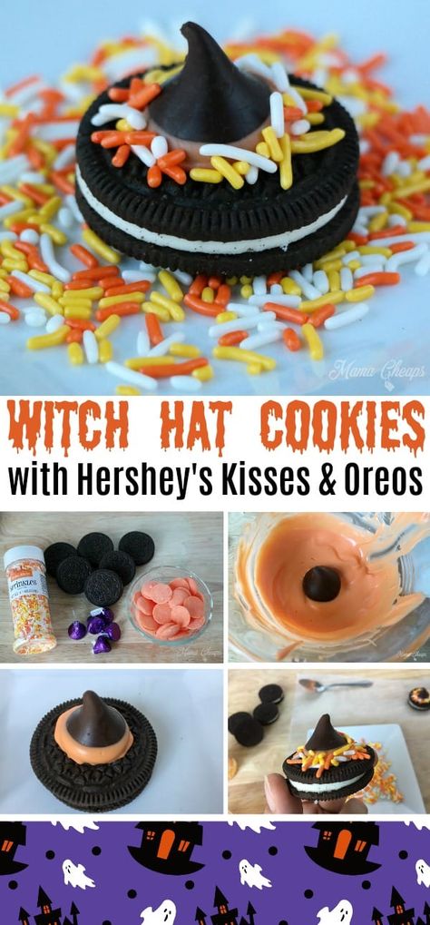 Witch Hat Cookies for Halloween (with Hershey's Kisses and Oreos) | Mama Cheaps Halloween Cooking Ideas, Halloween Snacks Diy, Halloween Food Snacks, Cookies For Halloween, Witch Hat Cookies, Halloween Oreos, Recetas Halloween, Halloween Treats For Kids, Visual Recipes