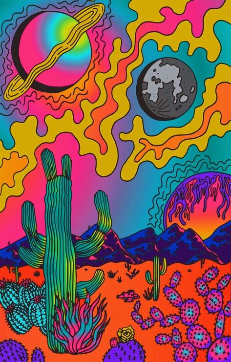 Arte Hippy, Colorful Cactus, Crystal Drawing, Trippy Designs, Psychadelic Art, Trippy Painting, Psy Art, Hippie Painting, Trippy Wallpaper