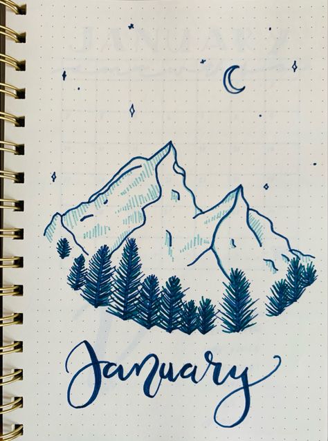 January Drawings, Winter Bujo, January Vibes, Winter Bullet Journal, Hobonichi Journal, Bullet Journal Ideas January, Drawing Ideas Aesthetic, December Cover Page Bullet Journal, January Bullet Journal Cover