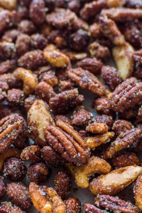 Spiced honey roasted nuts - a little sweet, a little spicy, a little salty and a lot addictive! Sugar Coated Pecans, Candied Nuts Recipe, Spiced Nuts Recipe, Slow Cooker Candy, Spiced Honey, Brazil Nuts, Spicy Honey, Nut Recipes, Roasted Nuts