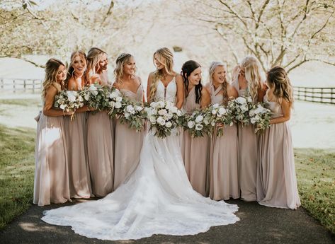 Taupe Bridesmaid Dresses Real Weddings | Birdy Grey Taupe Wedding Colors, Taupe Bridesmaid, Taupe Wedding, Taupe Bridesmaid Dresses, Blush Pink Bridesmaids, Blush Pink Bridesmaid Dresses, Grey Bridesmaids, Birdy Grey, Blush Bridesmaid Dresses