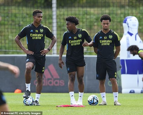 Arsenal academy trio Reuell Walters (left), Myles Lewis-Skelly (middle) and Ethan Nwaneri (right) have been picked for the club's pre-season warm-up tour in Germany Ethan Nwaneri, Arsenal Academy, Community Shield, Nurnberg, All Star Team, Mikel Arteta, Arsenal Fc, One Team, Manchester City