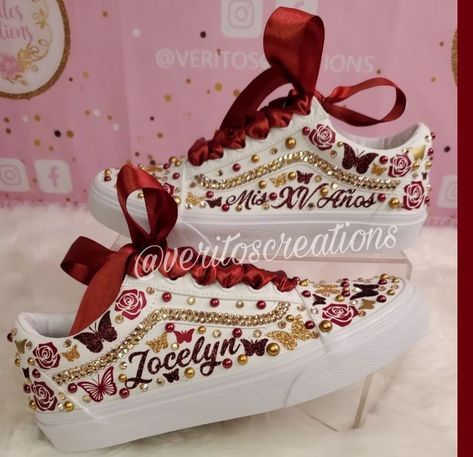 Custom Quince Shoes, Quinceanera Outfit, Quince Shoes, Dream Quinceanera, Tenis Air, Quinceanera Shoes, Vans Red, Shoes Vans, Red And Gold