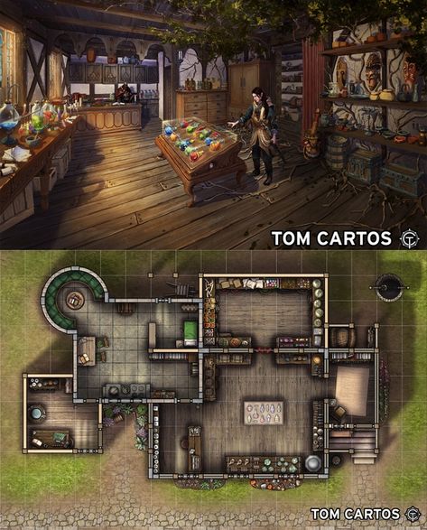 Apothecary Interior Scene - Free Version | Tom Cartos Fantasy Apothecary Shop, Apothecary Interior, Fantasy Apothecary, Apothecary Potions, Map Terrain, Fey Wild, Illustration Scene, Maps Rpg, Pathfinder Maps