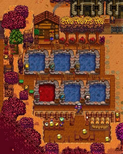 Stardew Valley Fish Pond Layout, Stardew Valley Pond Ideas, Fish Ponds Ideas, Stardew Valley Fish Pond, Stardew Design, Stardew Layout, Ponds Ideas, Stardew Ideas, Stardew Farm