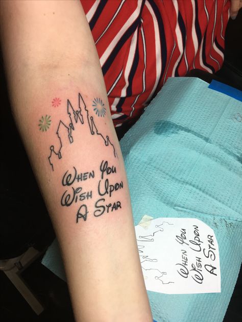 Disney World Tattoo #tattoo #disney #castle Disney Castle Tinkerbell Tattoo, Disney Castle Outline Tattoo, Disney World Castle Tattoo, Firework Tattoo, Disney Couple Tattoos, Disney Castle Tattoo, Small Couple Tattoos, Castle Tattoo, Tiny Wrist Tattoos