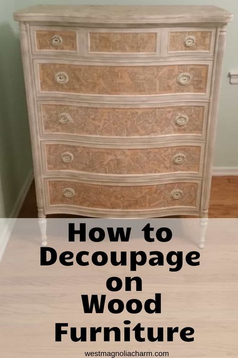 Decoupage is a great way to add charm to a piece of furniture. Find out how I used book pages to decoupage on a wood dresser. #decoupage #diyfurniture #chalkpaint #diy Dresser Decoupage, Decoupage Dresser, Decoupage On Wood, Hinges Diy, Decoupage On Canvas, Diy Wood Floors, Dresser Redo, Wood Transfer, Decoupage Wood