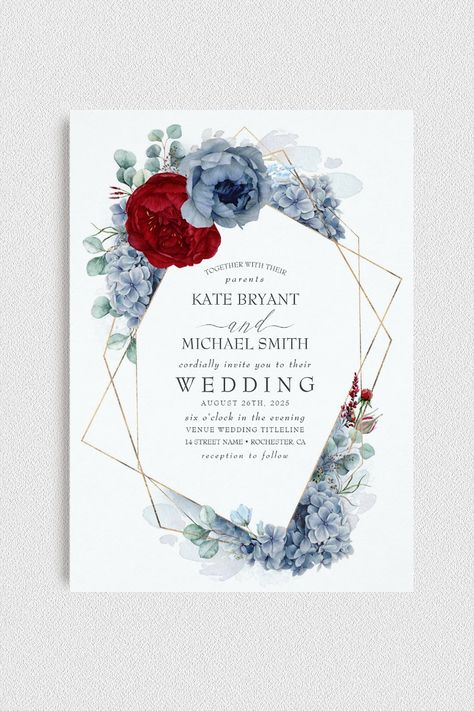 Floral Birthday Party Invitations, Blue And Burgundy, Floral Birthday Party, Red Wedding Flowers, Idea Wedding, Burgundy Wedding Invitations, Rose Wedding Invitations, Dusty Rose Wedding, Pastel Room