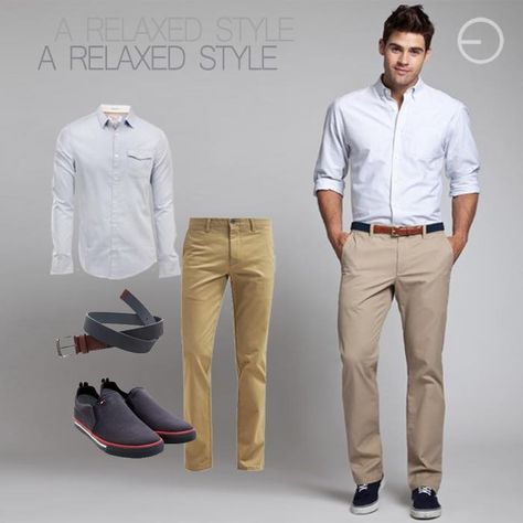 #FashionbySiman  Que tus días relajados estén llenos de estilo. Puedes combinaran unos pantalones chinos kakhi con una camisa en tono celeste claro, para darle un toque moderno puedes incorporar zapatos tipo canvas o sneakers y un cinturón con detalles en cuero. #ModaMasculina Outfit Elegantes, Sneakers, Canvas, Pants, Trousers