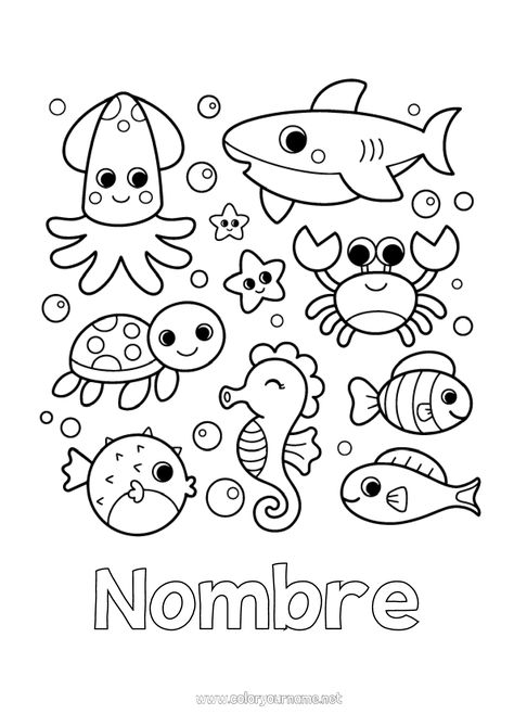 Colorear gratis representando 9 animales marinos en estilo kawaii. Encontramos: un tiburón, dos peces, un caballito de mar, una tortuga, un pez globo, una estrella de mar, un pulpo, un pez, un cangrejo. Dibujo para colorear de animales acuáticos para personalizar con un mensaje corto como 'bajo el océano', 'el mundo de los mares', 'hola Nemo' o simplemente un nombre antes de imprimirlo. Ocean Animal Doodles, Sea Animals Drawing Easy, Fish Coloring Pages For Kids, Sea Animals Coloring Pages, Sea Animals Coloring, Animals Coloring Pages For Kids, Fish Coloring, Ocean Coloring Pages, Summer Drawings