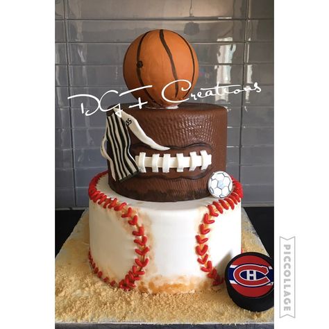 Sports theme cake in progress #soccer #football #basketball #baseball #hockey #soccercake #footballcake #basketballcake #baseballcake… Sports Cake Ideas, Football Wedding Cake, Sports Birthday Cakes, Baseball Birthday Cakes, Creative Birthday Party Ideas, Hockey Cakes, Boy 16th Birthday, Football Birthday Cake, Hunting Cake