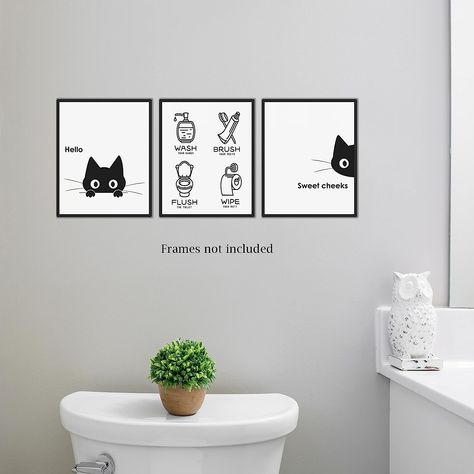 Animal Theme Bathroom, Cat Theme Bathroom, Cat Themed Bathroom Decorating Ideas, Cat Themed Bathroom, Cat Face Bathroom Mirror, Dog Bathroom Art, Black Bathroom Decor, Black Cat Bathroom Art, Black Cat Shower Curtain