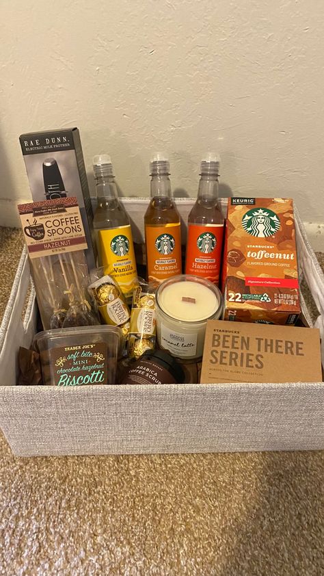 Coffee Kit Gift Ideas, Coffee Lover Basket Ideas, Starbucks Themed Gift Basket, Starbucks Raffle Basket Ideas, Christmas Coffee Basket Gift Ideas, Coffee Auction Basket, Coffee Prize Basket, Keurig Gift Basket Ideas, Coffee Lover Gift Basket Ideas