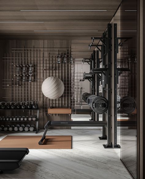 GYM CONCEPT IN A COUNTRY HOUSE :: Behance Small Gym Room, Gym Ideas Home, Small Home Gym Design, Fitness Center Design, Small Home Gym Ideas, Luxury Home Gym, Boutique Gym, Dream Home Gym, Gym Design Interior