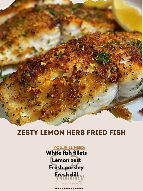 🍋 Enjoy the vibrant flavors of Zesty Lemon Herb Fried Fish! 🐟✨ #LemonHerbFish #FreshFlavors Zesty Lemon Herb Fried Fish Ingredients: White fish fillets (4) Lemon zest (1 tbsp) Fresh parsley, chopped (2 tbsp) Fresh dill, chopped (1 tbsp) Flour (1/2 cup) Eggs, beaten (2) Breadcrumbs (1 cup) Salt and pepper (to taste) Oil (for frying) Instructions: Season fish fillets with salt, pepper, lemon zest, parsley, and dill. Dredge fish in flour, dip in beaten eggs, and coat with breadcrumbs. Heat o... Fry Fish, Parsley Recipes, White Fish Recipes, Fish Fillets, Lemon Herb, White Fish, Lemon Butter, Fresh Dill, Fish Fillet