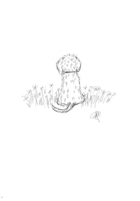 Black line drawing of back of puppy sitting in flowers. Dog Sitting From Behind Drawing, Labradoodle Sketch, Dog Sitting Drawing, Small Dog Drawing, Time Travel Art, Goldendoodle Art, Dog With Flowers, Flowers Digital Art, Black Line Drawing