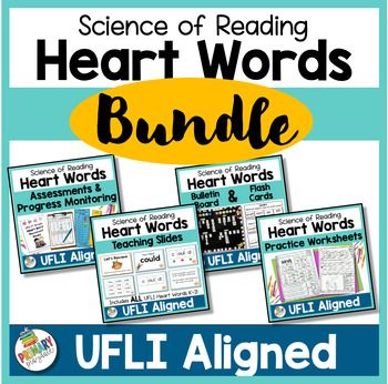 Get everything you need to teach, practice, and assess UFLI Heart Words for the entire year with this bundle! This bundle includes: UFLI Heart Word Google Slides (and PowerPoint Slides) for teaching, worksheets for practice, engaging bulletin board display, flash cards with 3 levels of support, and everything you need for assessment! It's all here! All teaching activities are rooted in the science of reading principles. All teaching and activities encourage students to decode the parts of heart words that can be decoded, and identify and learn the irregular parts of each word which must be memorized. The best part is that all heart words are in the order of the UFLI Lessons, so you don't have to sort through hundreds of words to find the words you need for each lesson. Simply click, print, Heart Words Bulletin Board, Teaching Worksheets, The Science Of Reading, Science Of Reading, Powerpoint Slides, Heart Words, Board Display, Progress Monitoring, Bulletin Board Display