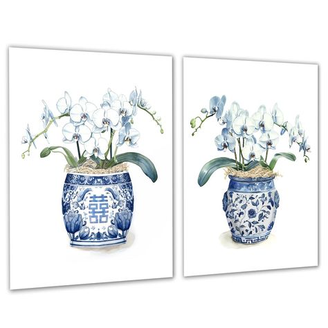 Chinoiserie Wall Art White Orchid Watercolor Prints Set of 2 Unframed Art - Etsy Australia Happiness Wall Art, Orchid Watercolor, Chinoiserie Wall Art, Chinoiserie Planter, Pine Tree Art, Blue And White Chinoiserie, Chinoiserie Wall, Coastal Wall Decor, Cactus Wall Art