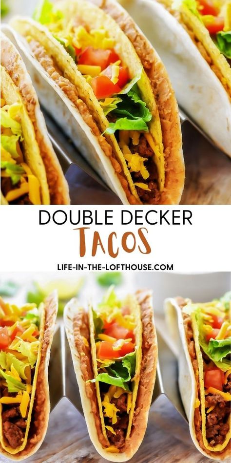 Double Decker Taco Recipes, Double Decker Tacos, Double Decker Taco, Taco Recipes Mexican, Life In The Lofthouse, Shredded Beef Tacos, Taco Toppings, Lime Chicken Tacos, Crispy Beef