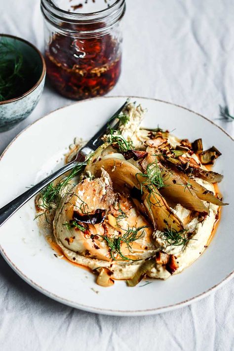 Charred Leeks, Braised Fennel, Roasted Leeks, Fennel Oil, Creamy Hummus, Fennel Recipes, Veggie Dishes, The Maker, Cooking Dinner