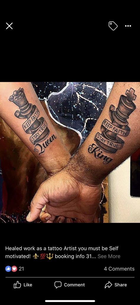 Chess Piece Matching Tattoo, Couples Chess Piece Tattoos, Chess Piece Tattoo, Chess Tattoo, Couple Tat, Clown Tattoo, Matching Couple Tattoos, Watch Tattoos, Matching Tattoo