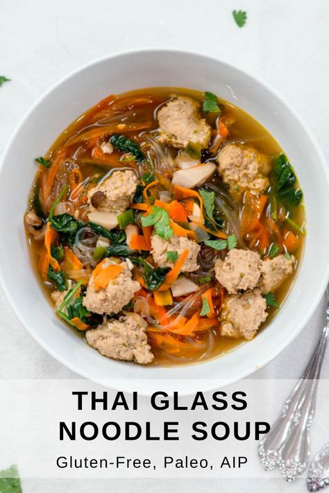 This Thai glass noodle soup is a delicious, easy meal. It uses sweet potato glass noodles to make it Paleo and AIP-friendly but typically uses mung bean vermicelli aka Thai glass noodles, cellophane noodles, or mung bean thread noodles. You can use whichever noodle works best for you. This recipe is also gluten-free and dairy-free. Sweet Potato Glass Noodles Recipe, Thai Glass Noodles, Sweet Potato Glass Noodles, Potato Glass Noodles, Glass Noodle Soup, Bean Thread Noodles, Glass Noodles Recipe, Bean Noodles, Cellophane Noodles