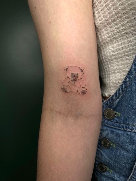 Artist - @alternativeartistry bear tattoo teddy bear tattoo fineline tattoo Bear Tattoos Feminine, Az Tattoo, Bicep Tattoo Women, Teddy Bear Tattoo, G Tattoo, Fineline Tattoo, Bear Tattoos, Bicep Tattoo, Bear Tattoo