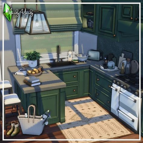 Sims 4 Kitchen Base Game, Sims 4 Cozy House Base Game, Sims 4 Basegame Kitchen No Cc, Sims 3 Kitchen, Sims 4 Cottage Living Kitchen, Sims Architecture, Dollhouse Build, Green Country Kitchen, Sims Kitchen