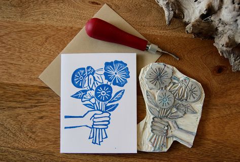 Linocut Thank You Cards, Lino Print Birthday Cards, Thank You Card Handmade, Thank You Cards Handmade, Lino Flowers, Diy Stamps, Lino Cuts, Linocut Printmaking, Lino Art