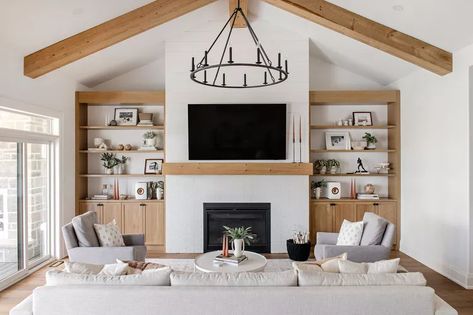 34 TV Wall Ideas That Are Both Functional and Stylish Shelves Around Fireplace, Renovated Craftsman, Tv Wall Ideas, Black White Bedrooms, Tv Over Fireplace, Tv Built In, Fireplace Tv Wall, White Shiplap Wall, Modern Tv Wall