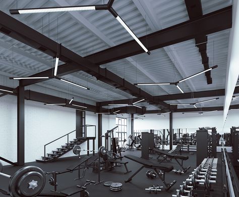 Gym Ceiling, Gym Warehouse, Black And White Gym, Gym Interiors, Barn Gym, Ruang Gym, Commercial Gym Design, Gym Designs, Warehouse Gym