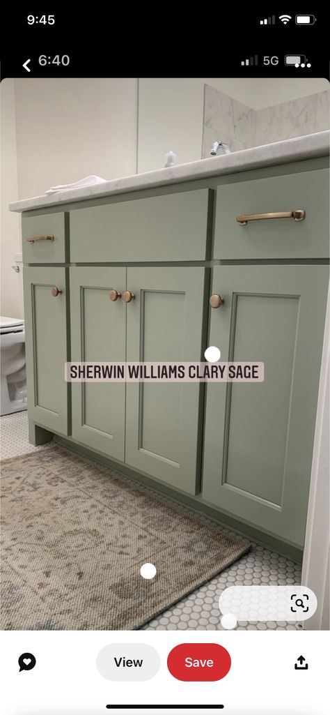 Sage Green Cottage Bathroom, Clary Sage Kitchen Cabinets, Green Bathroom Cabinets, Clary Sage Sherwin Williams, Sherwin Williams Clary Sage, Sage Kitchen, Bathroom Redecorating, Bathroom With Tub, Cottage Bathroom